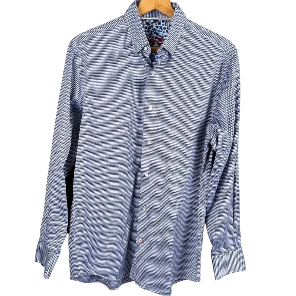 Visconti Black Mens Medium Blue White Geometric Cotton Button Down Shirt Turkey